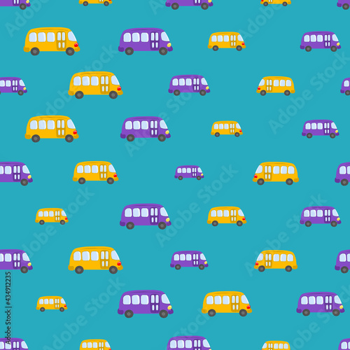 Seamless pattern with cute bus, car on blue background. Cartoot transport. Vector illustration. Doodle style. Design for baby print, invitation, poster, card, fabric, textile