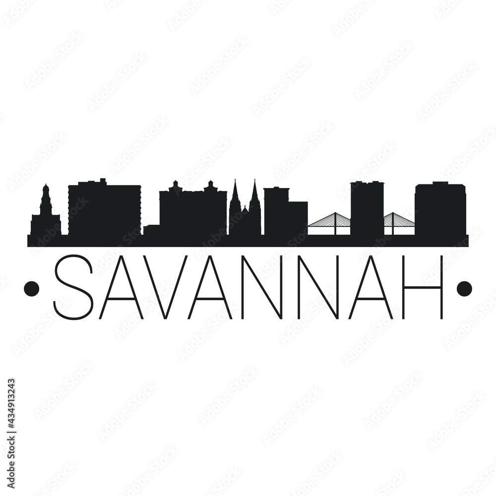 Savannah, GA, USA City Skyline. Silhouette Illustration Clip Art. Travel Design Vector Landmark Famous Monuments.