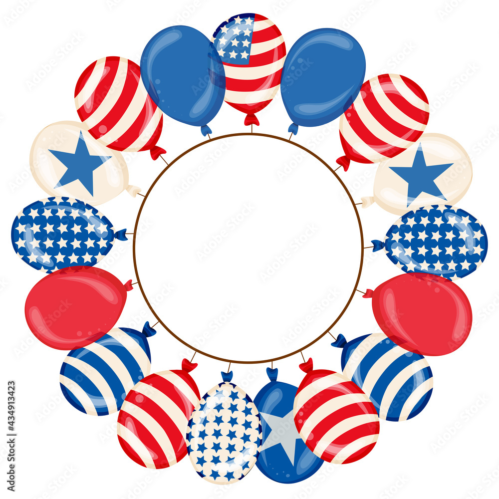 Fototapeta premium Independence day greeting frame with color balloons isolated on white background - round frame with place for text.