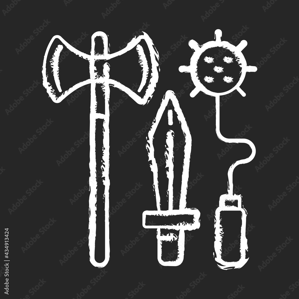 Knight weapons chalk white icon on black background. Medieval times. Arming sword and lance. Mace, battle-axe. Tournaments, battles. Medieval weaponry. Isolated vector chalkboard illustration Knight weapons chalk white icon on black background. Medieval times. Arming sword and lance. Mace, battle-axe. Tournaments, battles. Medieval weaponry. Isolated vector chalkboard illustration