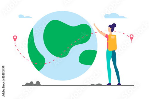 Young girl with backpack looking at the huge planet. The concept of travel, hiking, active lifestyle. Vector illustration. Perfect for sites and applications.