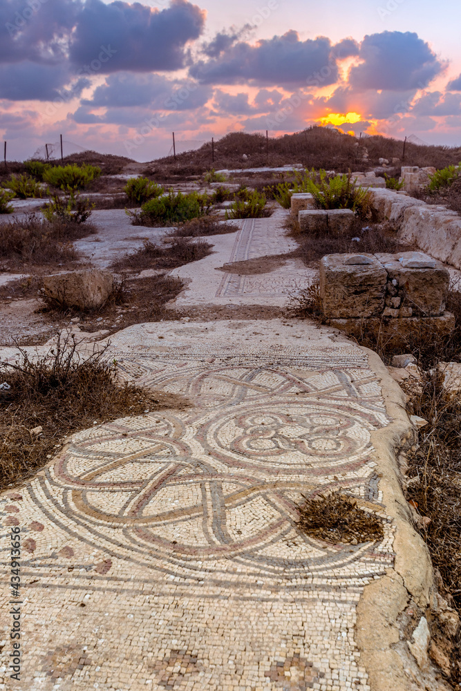 Mosaic floor of Tel Shikmona near the Mediterranean Sea close to Haifa, Israel
