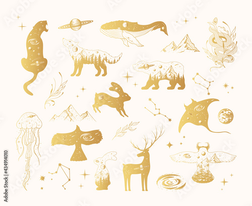 Hand drawn vector isolated illustration of golden celestial animals. Gold mystical tattoos of hare, deer, wolf, bear, owl, whale, stingray, jellyfish, panther, eagle.