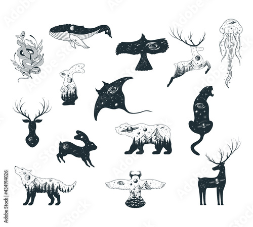 Hand drawn vector isolated illustration of celestial animals. Mystical tattoos of hare, deer, wolf, bear, owl, whale, stingray, jellyfish, panther, eagle.