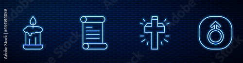 Set line Christian cross, Burning candle, Decree, parchment, scroll and Mars. Glowing neon icon on brick wall. Vector