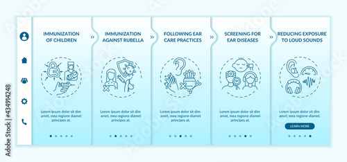 Hearing loss preventive measures onboarding vector template. Responsive mobile website with icons. Web page walkthrough 5 step screens. Screening for diseases color concept with linear illustrations