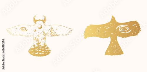 Hand drawn vector isolated illustration of golden  celestial owl. Mystical eagle or hawk with stars, constellations, moon and planets, forest and mountain in gold color.