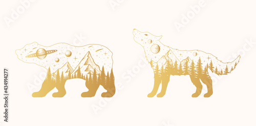 Hand drawn vector isolated illustration of golden  celestial bear. Mystical wolf with stars, constellations, moon and planets, forest and mountain in gold color.