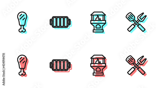 Set line Brick stove, Chicken leg, Barbecue grill and Crossed fork and spatula icon. Vector