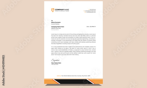 Clean unique fresh modern professional company creative corporate business letterhead design template with orange and black shape.