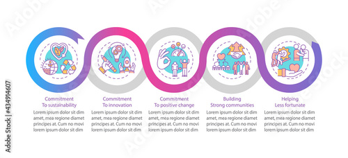 Company main values vector infographic template. Sustainability, innovation presentation design elements. Data visualization with 5 steps. Process timeline chart. Workflow layout with linear icons