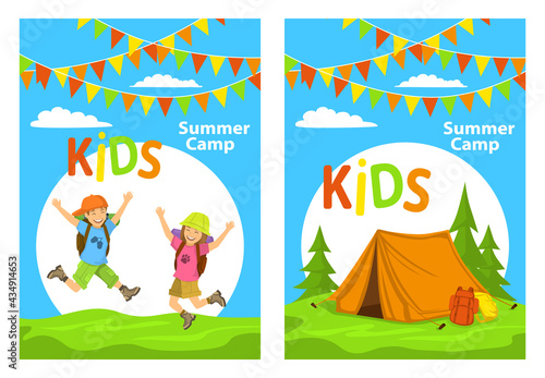 kids camp poster templates with children jumping for joy and campsite with tent, forest and backpacks