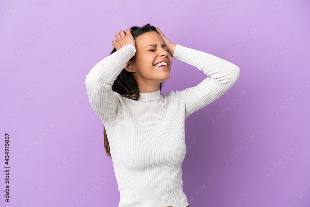 Young caucasian woman isolated on purple background stressed overwhelmed Young caucasian woman isolated on purple background stressed overwhelmed