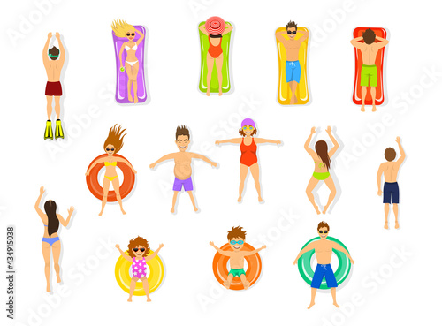 top view of people swimming in pool, sea water, isolated