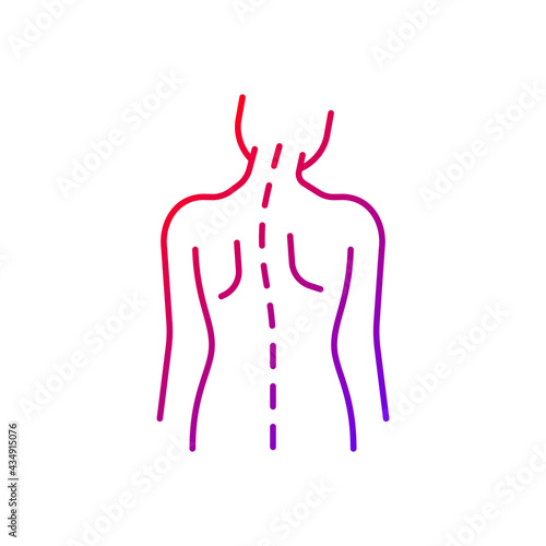 Spinal abnormalities gradient linear vector icon. Head tilt. Thoracic scoliosis. Muscle weakness. Radicular pain. Thin line color symbols. Modern style pictogram. Vector isolated outline drawing