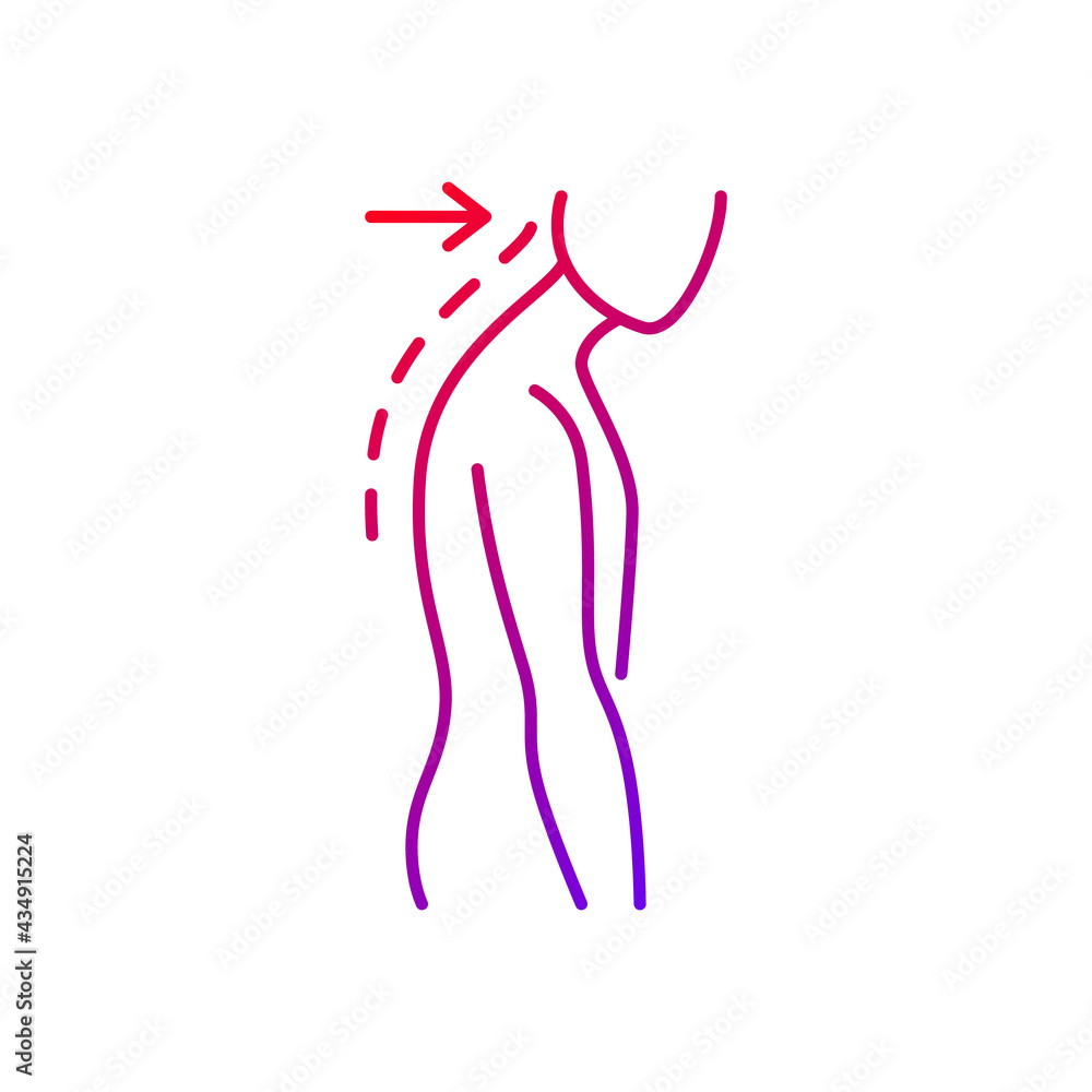 Slouching gradient linear vector icon. Poor posture. Forward head. Body looking down. Walking incorrectly. Thin line color symbols. Modern style pictogram. Vector isolated outline drawing