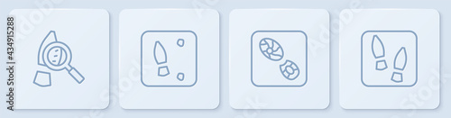 Set line Magnifying glass with footsteps, Human footprints shoes, and . White square button. Vector