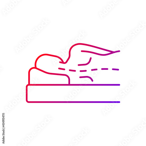 Incorrect sleeping position gradient linear vector icon. Unnatural, unnecessary curves in spine. Stress on spine. Thin line color symbols. Modern style pictogram. Vector isolated outline drawing