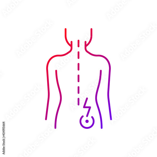 Lower right back pain gradient linear vector icon. Sprains and strains. Muscle-related one-sided backache. Thin line color symbols. Modern style pictogram. Vector isolated outline drawing