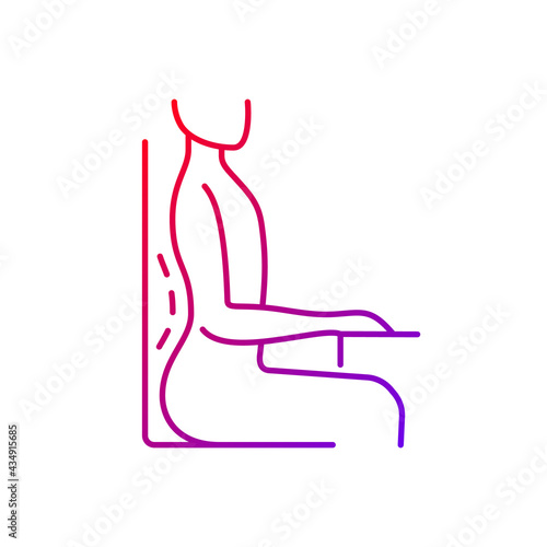 Unnatural sitting position gradient linear vector icon. Increased lumbar lordosis posture. 90-degree angle chair. Thin line color symbols. Modern style pictogram. Vector isolated outline drawing