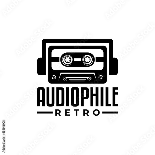 illustration of a cassette with a headphone. vintage cassette logo for retro music store.