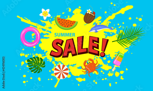 summer time sale banner background with yellow paint splash and decorative elements around  umbrella  crab  ice cream  plam and mostera tropical leaf  ring float  dolphin   coconut drink  watermelon