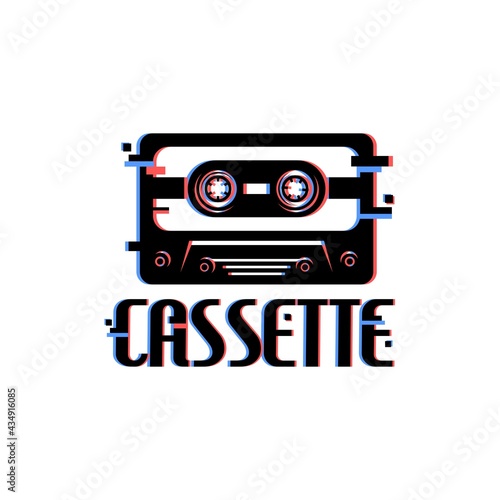 illustration of a cassette with a glitch style. vintage cassette logo for retro music store.