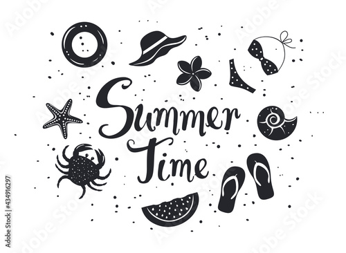 summer time background with decorative elements Silhouettes in black color: watermelon, seashells, crab, swimming floating ring, swimsuit, bikini, plumeria flower, woman beach hat, flip flops