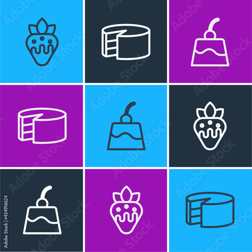 Set line Strawberry in chocolate, Pudding custard and Cake icon. Vector