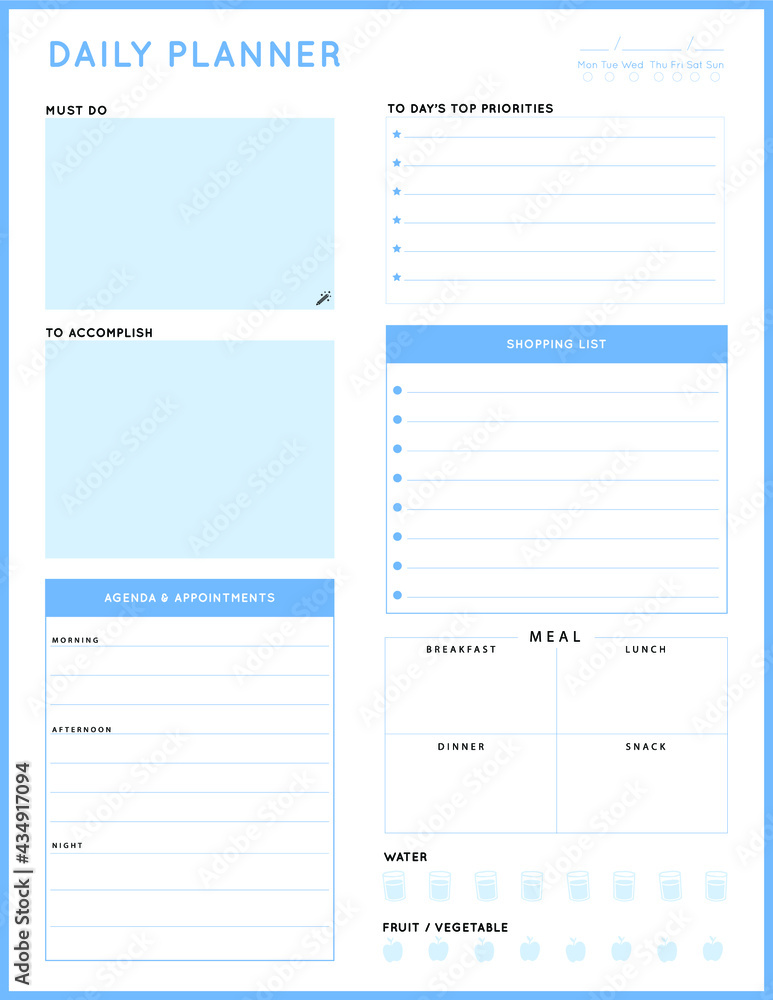 Daily planner template. printable template - Easy to plan your day. Planner note pages templates - Daily tasks, goals and appointments template -Undated Daily Planner with ToDol list - Todays Plan- 8.