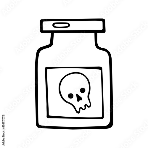 A glass potion jar decorated with a cute skull sticker. The witch attribute. Halloween. Cartoon hand-drawn vector illustration in doodle style, isolated. For card, sticker, Halloween party, coloring.
