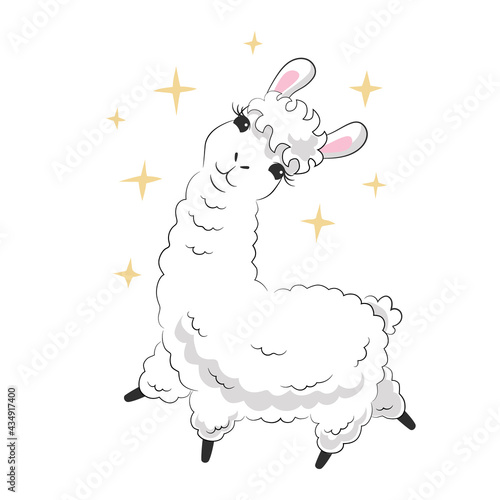 Cute fluffy llama surrounded by sparks. Hand drawn white alpaca and stars. Childish character design. Nursery decoration. Stock vector illustration isolated on white background.