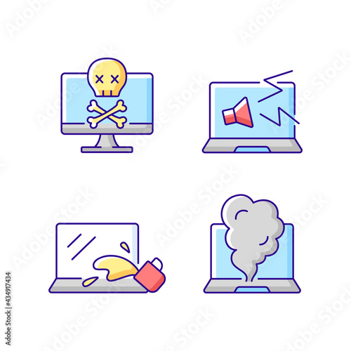 Broken laptop RGB color icons set. Water damage symptoms in hardware. Notebook strange noises. System failure. Computer problems. Technical support, repair service. Isolated vector illustrations