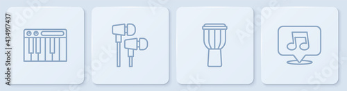 Set line Music synthesizer, Drum, Air headphones and note, tone. White square button. Vector