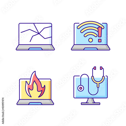 Computer issues RGB color icons set. Crashed monitor, broken display. No wifi connection. Burning notebook. Laptop problems diagnostic. Technical support, repair service. Isolated vector illustrations