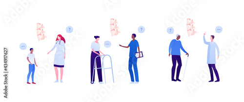 Backache and spine disease concept. Vector flat healthcare illustration set. Doctor and patient appointment. Child, female adult with walker and elderly man. Design for health care checkup.