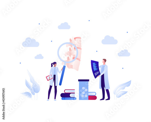Backache, spine disease study concept. Vector flat healthcare illustration. Male and female doctor scientist team. Vertebra, medicine, book and magnifier glass symbol. Design for health care.