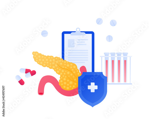 Pancreas illness test concept. Vector flat medical illustration. Lab tube with blood, pill and capsule medicine, shield sign. Design for health care.