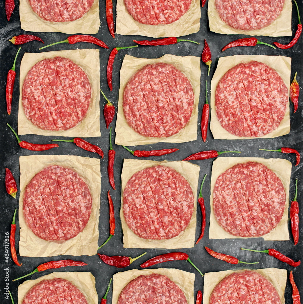 Many Raw Minced Steak Burgers from Beef Pork Meat on Black Background, Overhead View. Uncooked Ground Meat Patties for Grilling. Burgers for BBQ Grill and Grilling Tools, Top View. Abstract Pattern. Many Raw Minced Steak Burgers from Beef Pork Meat on Black Background, Overhead View. Uncooked Ground Meat Patties for Grilling. Burgers for BBQ Grill and Grilling Tools, Top View. Abstract Pattern.