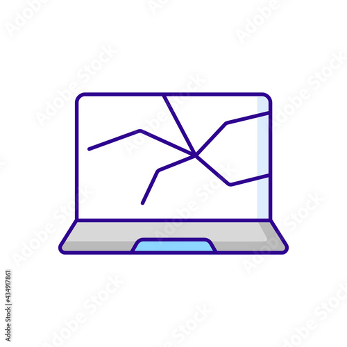 Broken screen RGB color icon. Cracked display. Crashed monitor. Smashed touch screen, electronic device repair service. Computer damage. Laptop problems. Isolated vector illustration
