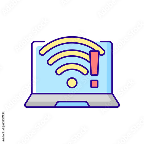 Wi fi does not work RGB color icon. Wireless connection issue, weak signal. No internet. Fix wifi. Software issue symptom. Communication technology, laptop problems. Isolated vector illustration
