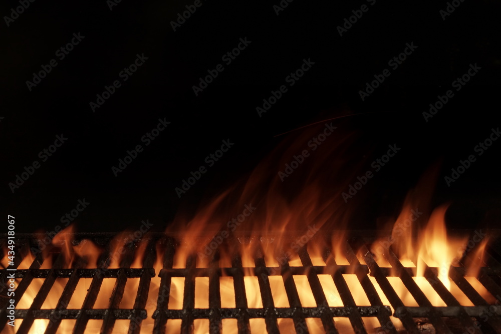 Empty Flaming BBQ Charcoal Grill, Closeup. Hot Barbeque Grill Ready Cooking Food On Cast Iron Grate. Concept For Cookout, Barbecue Party At Garden Or Backyard. Grill With Bright Flames Black Isolated.