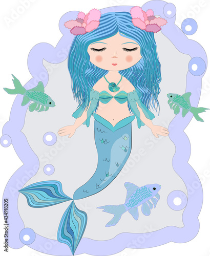 Cartoon beautiful little mermaid in a wreath. Siren. Sea theme.