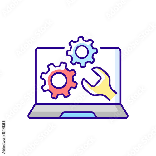 Computer repair service RGB color icon. Installing software on notebook. Upgrading system, PC maintenance. Tech support for electronics. Laptop problems. Isolated vector illustration