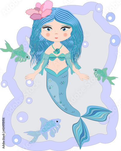 Cartoon beautiful little mermaid in a wreath. Siren. Sea theme.