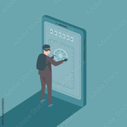 Mobile Phone Security Concept. Man in a black mask hacking into a smartphone. Cyber attacker trying to steal personal data. 