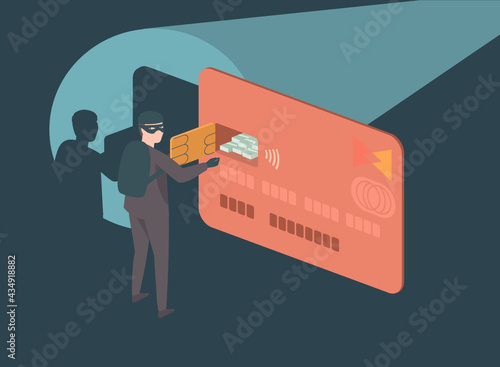 Hacker trying to steal money from bank account. Man Thief hack credit card. Security Concept