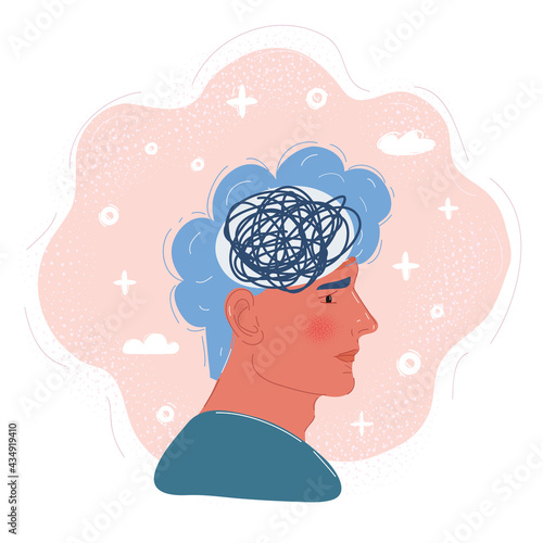 Vector illustration of Confused man with mess in his head.