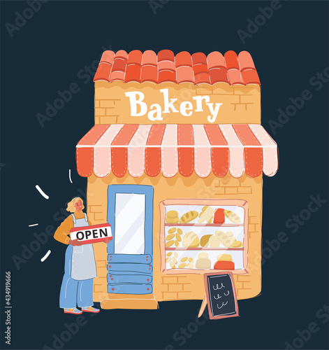 Vector illustration of Woman putting an Open sign at the door of a backery store, Object and character on dark backround.