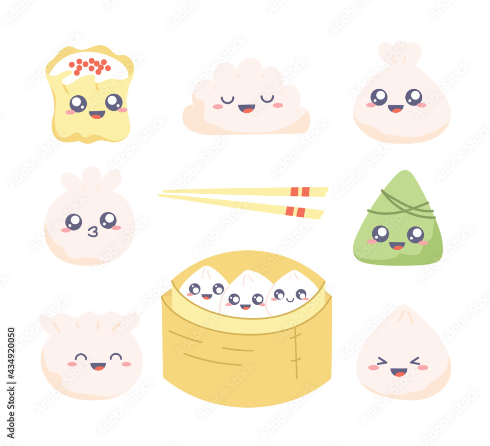 Dim sum - clipart set. Collection of kawaii drawings with cute dumplings.  Vector cartoon illustration Stock Vector | Adobe Stock
